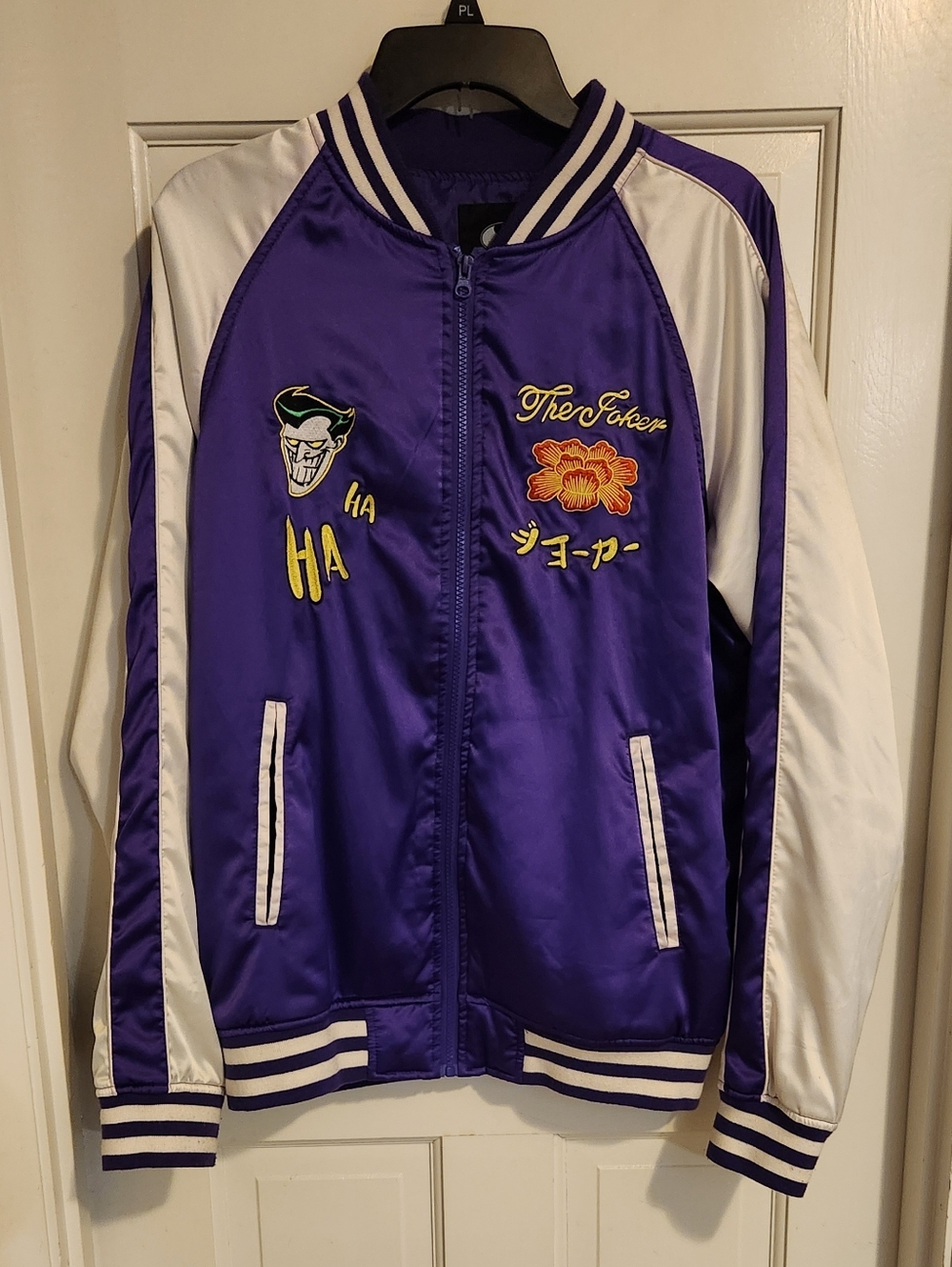 DC Comics Purple and Black Batman Label Joker Satin Bomber, Size L